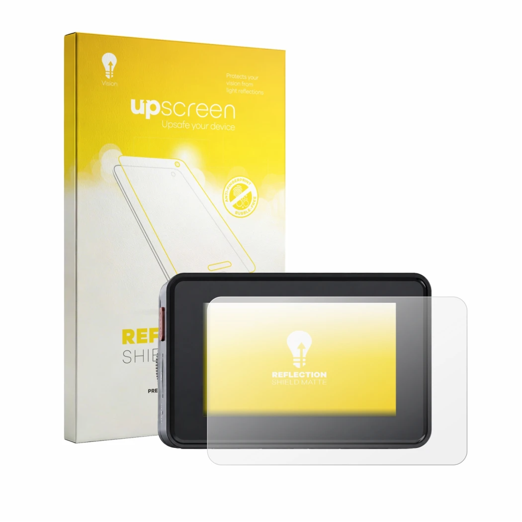Face avant d’un emballage produit avec le logo de la marque upscreen. À côté, l’appareil Vantrue Element 2 est représenté avec