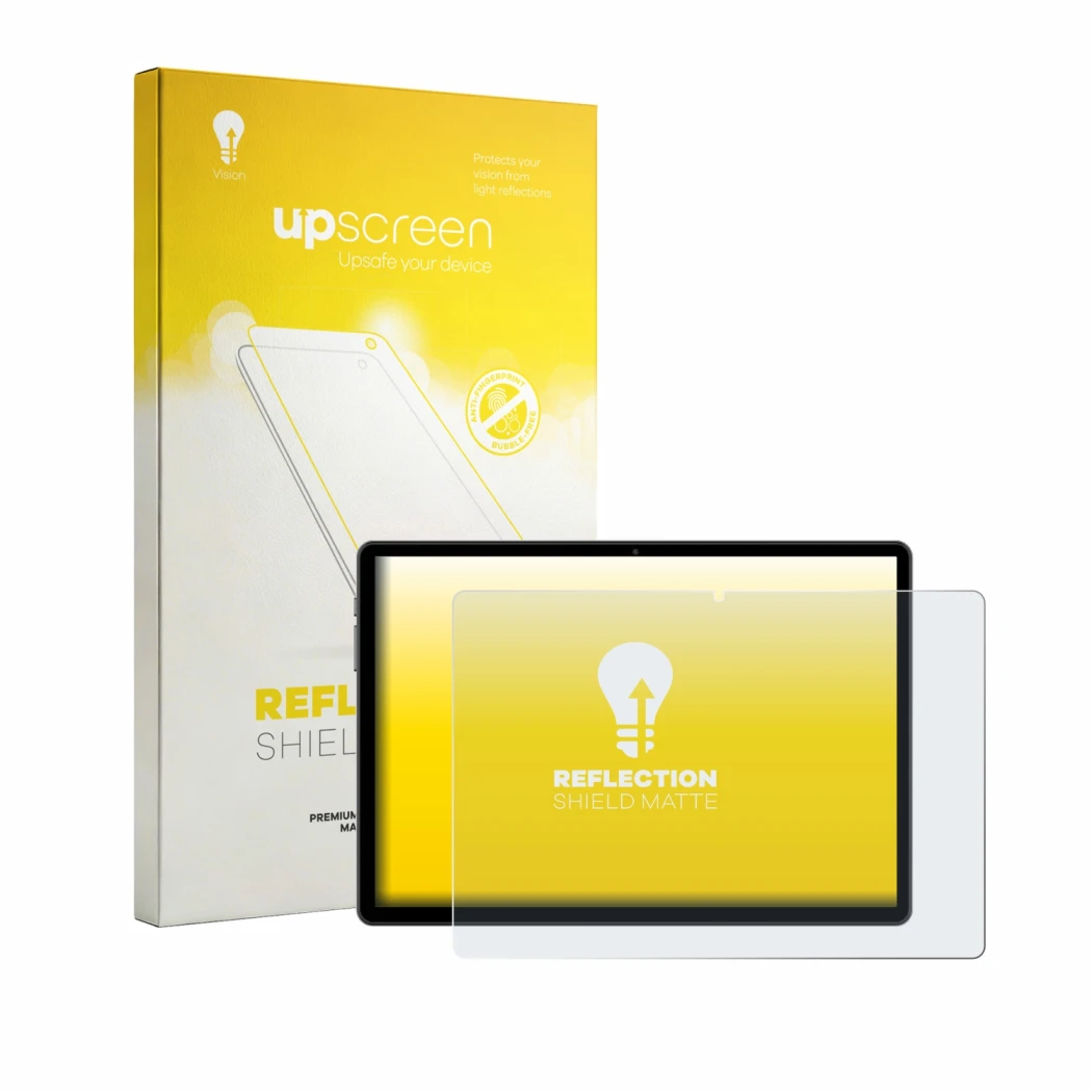 Face avant d’un emballage produit avec le logo de la marque upscreen. À côté, l’appareil Juno Tab 4 10.5