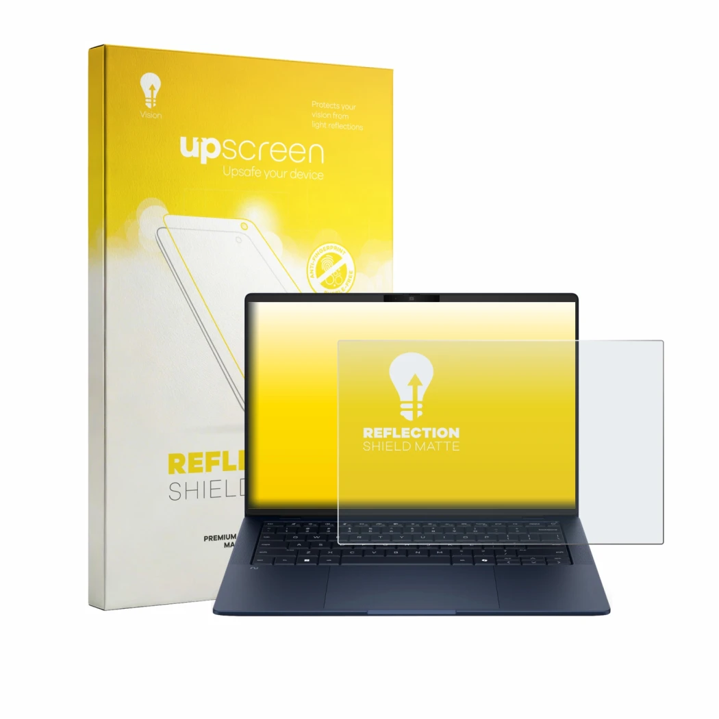 Face avant d’un emballage produit avec le logo de la marque upscreen. À côté, l’appareil HP EliteBook X G2q 14 est représenté