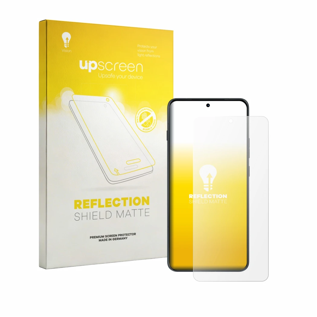 Face avant d’un emballage produit avec le logo de la marque upscreen. À côté, l’appareil Motorola Edge 70 Max est représenté a