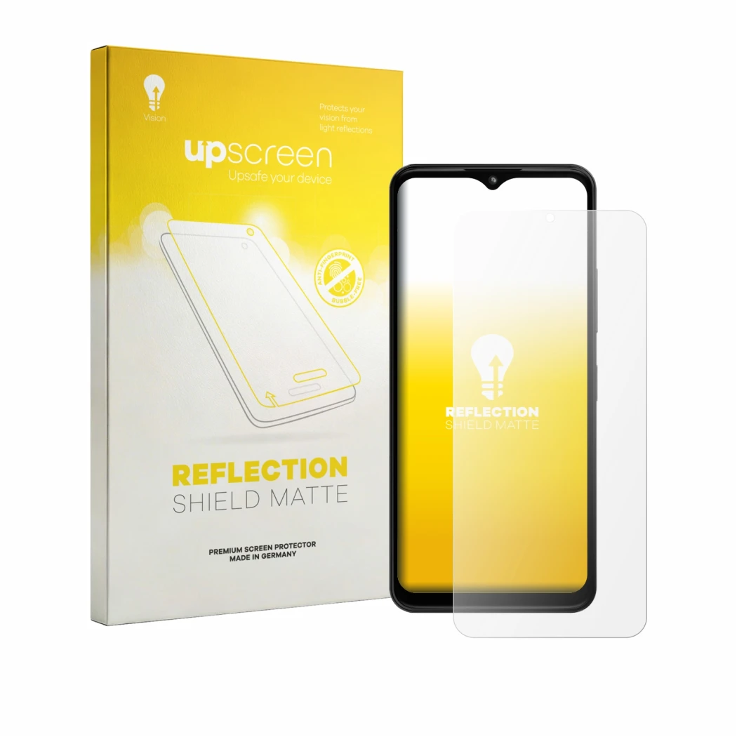 Face avant d’un emballage produit avec le logo de la marque upscreen. À côté, l’appareil HMD Arc est représenté avec la protec