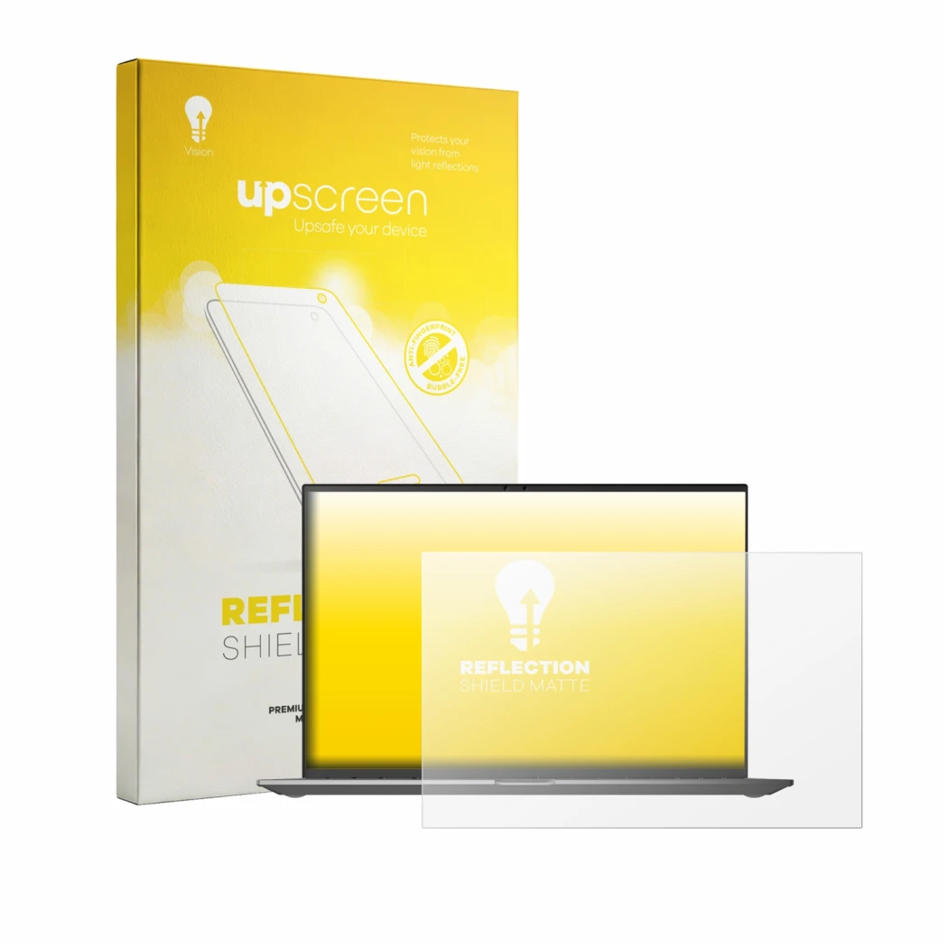 Face avant d’un emballage produit avec le logo de la marque upscreen. À côté, l’appareil LG gram 16Z90TL-G est représenté avec