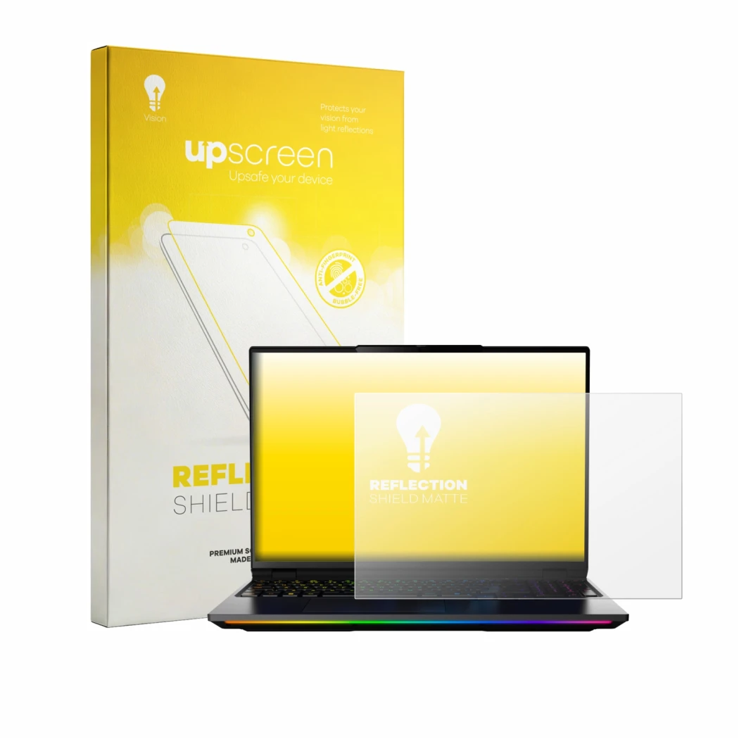 Face avant d’un emballage produit avec le logo de la marque upscreen. À côté, l’appareil MEDION Erazer Beast 16 X15 est représ