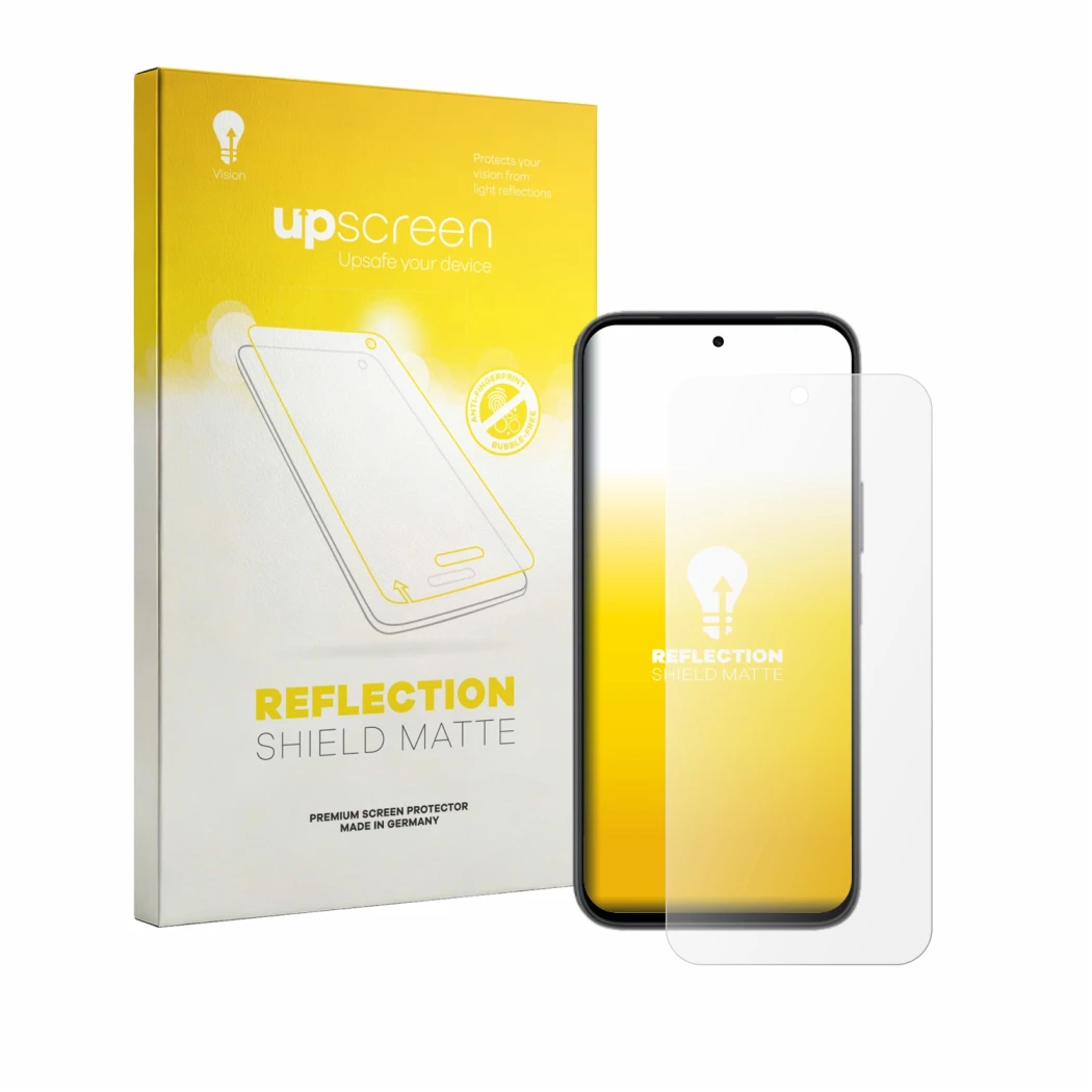 Face avant d’un emballage produit avec le logo de la marque upscreen. À côté, l’appareil Honor X6e est représenté avec la prot