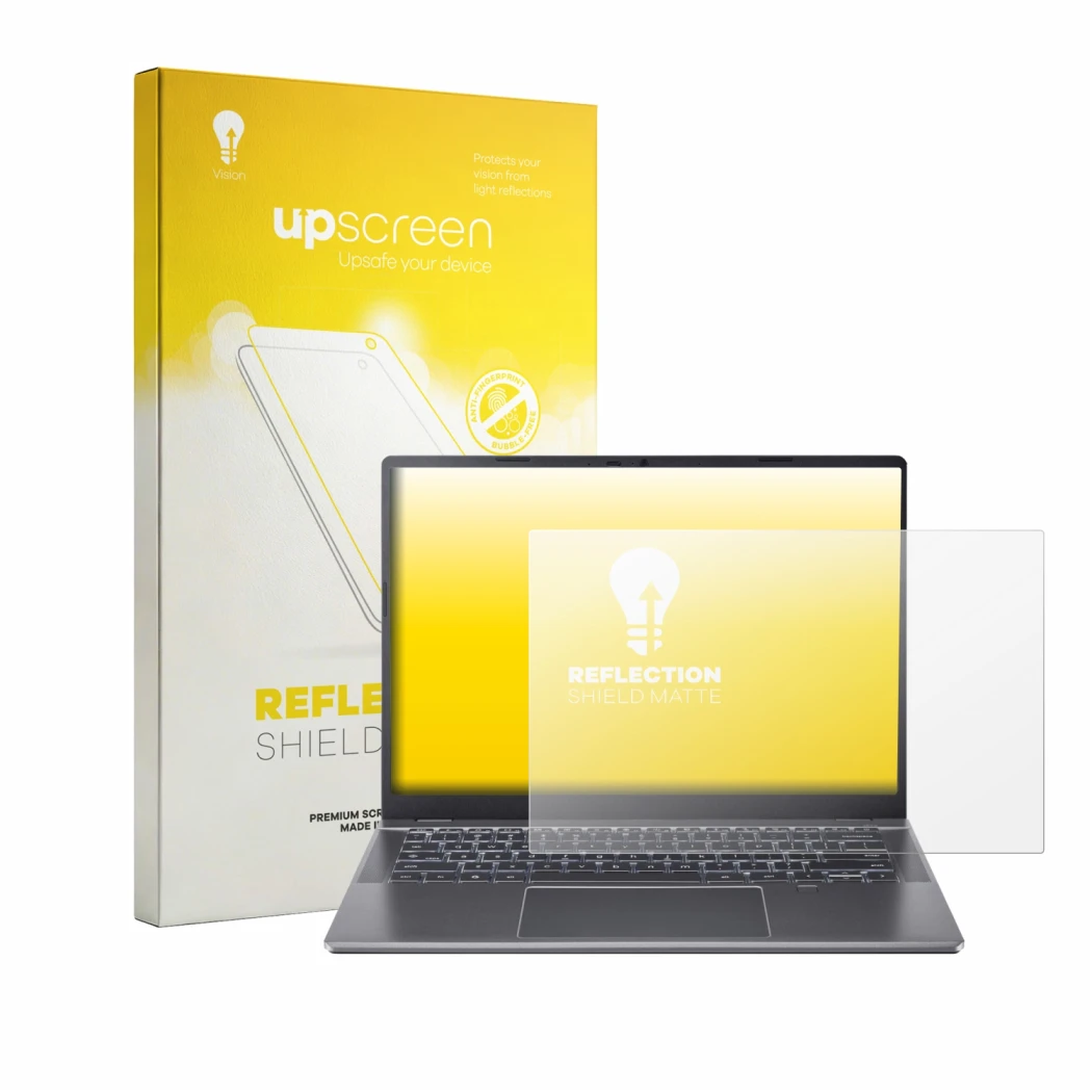 Face avant d’un emballage produit avec le logo de la marque upscreen. À côté, l’appareil Acer Chromebook Plus 514 est représen