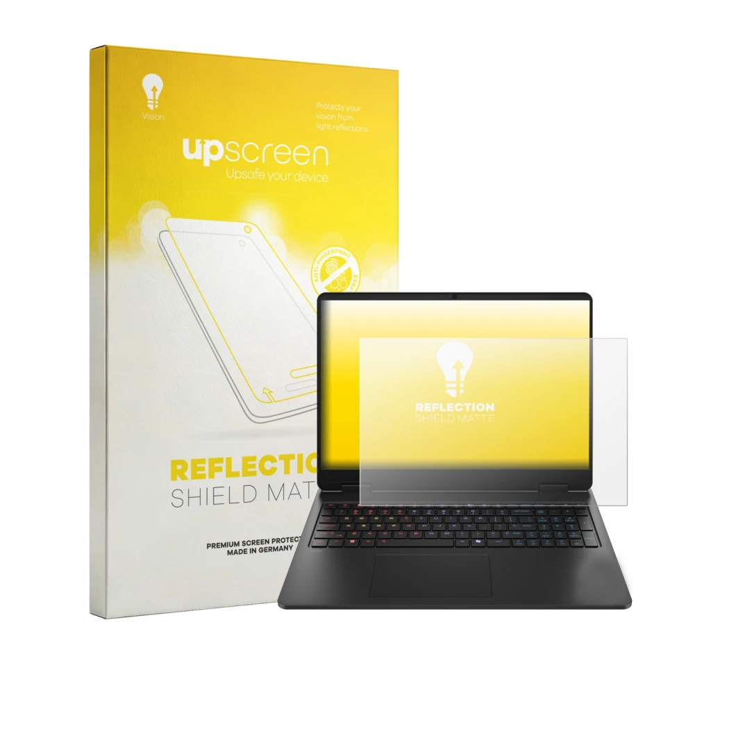 Face avant d’un emballage produit avec le logo de la marque upscreen. À côté, l’appareil HP HyperX Omen 16 est représenté avec