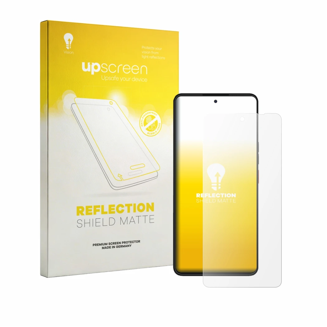 Face avant d’un emballage produit avec le logo de la marque upscreen. À côté, l’appareil Volla Phone Plinius Plus est représen