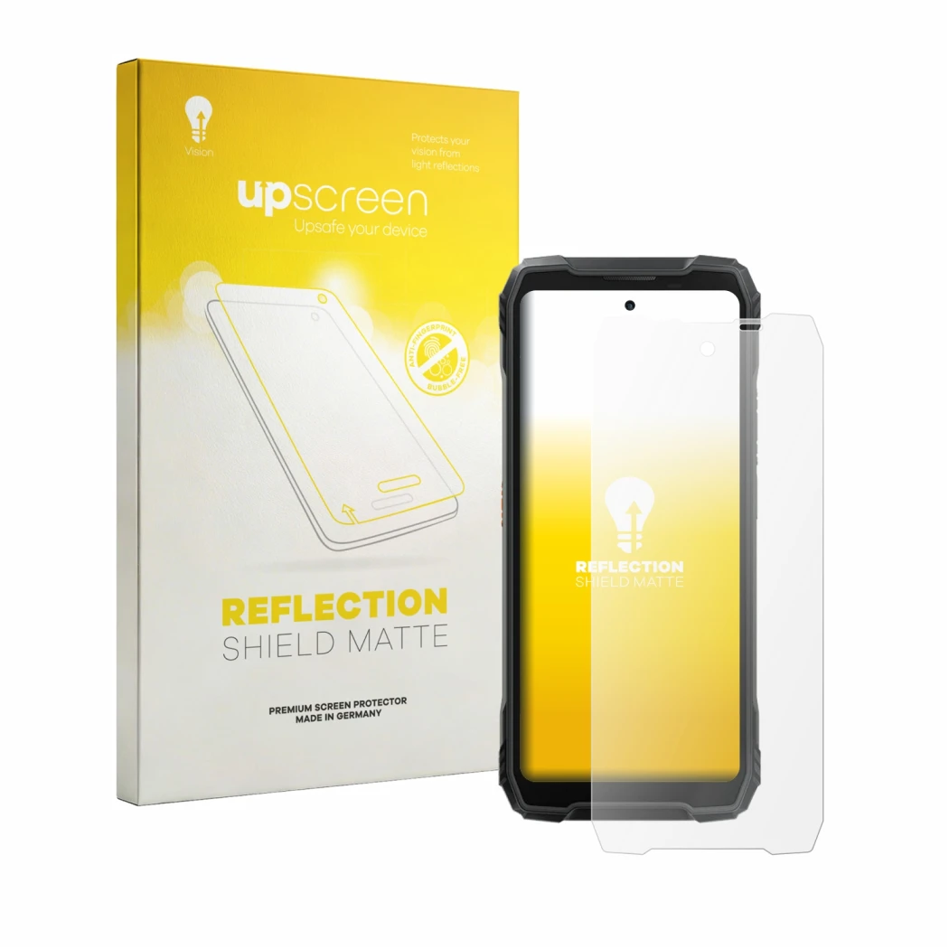 Face avant d’un emballage produit avec le logo de la marque upscreen. À côté, l’appareil Blackview Xplore X1 est représenté av