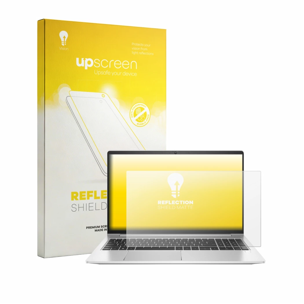 Face avant d’un emballage produit avec le logo de la marque upscreen. À côté, l’appareil HP ProBook 455 G8 est représenté avec