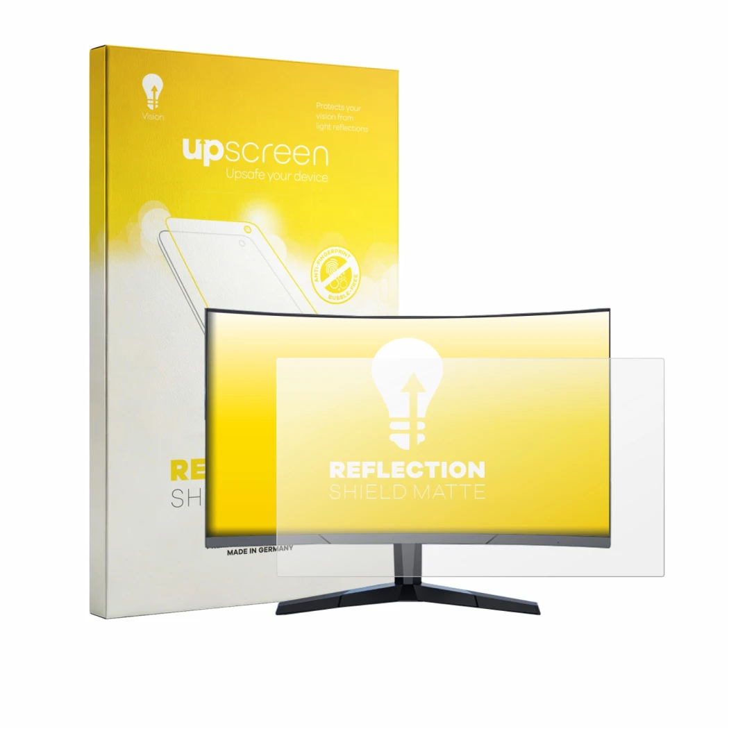 Face avant d’un emballage produit avec le logo de la marque upscreen. À côté, l’appareil Koorui 24E6CA curved est représenté a