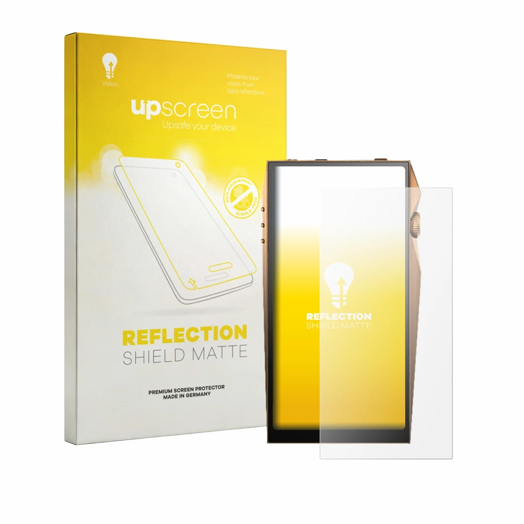 Face avant d’un emballage produit avec le logo de la marque upscreen. À côté, l’appareil Astell&Kern A&ultima SP4000 est repré