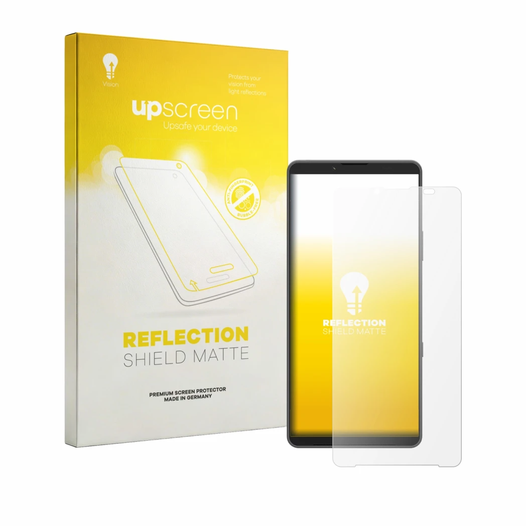 Face avant d’un emballage produit avec le logo de la marque upscreen. À côté, l’appareil Sony Xperia 10 VIII est représenté av