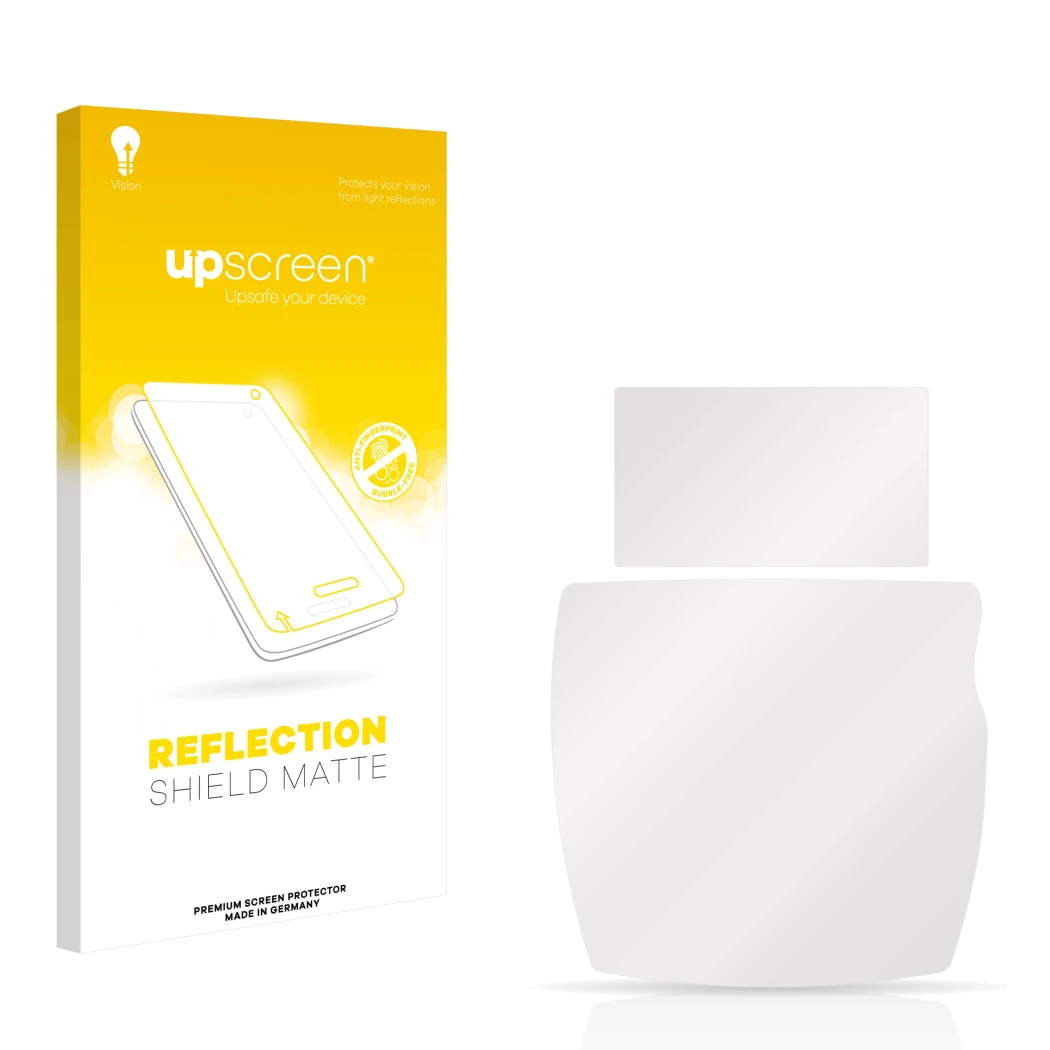 Face avant d’un emballage produit avec le logo de la marque upscreen. À côté se trouve la protection d’écran correspondante.