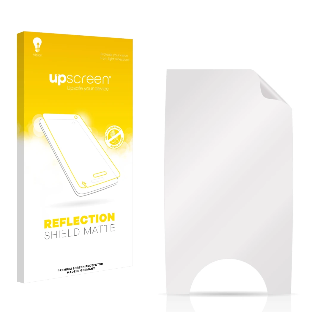 Face avant d’un emballage produit avec le logo de la marque upscreen. À côté se trouve la protection d’écran correspondante.