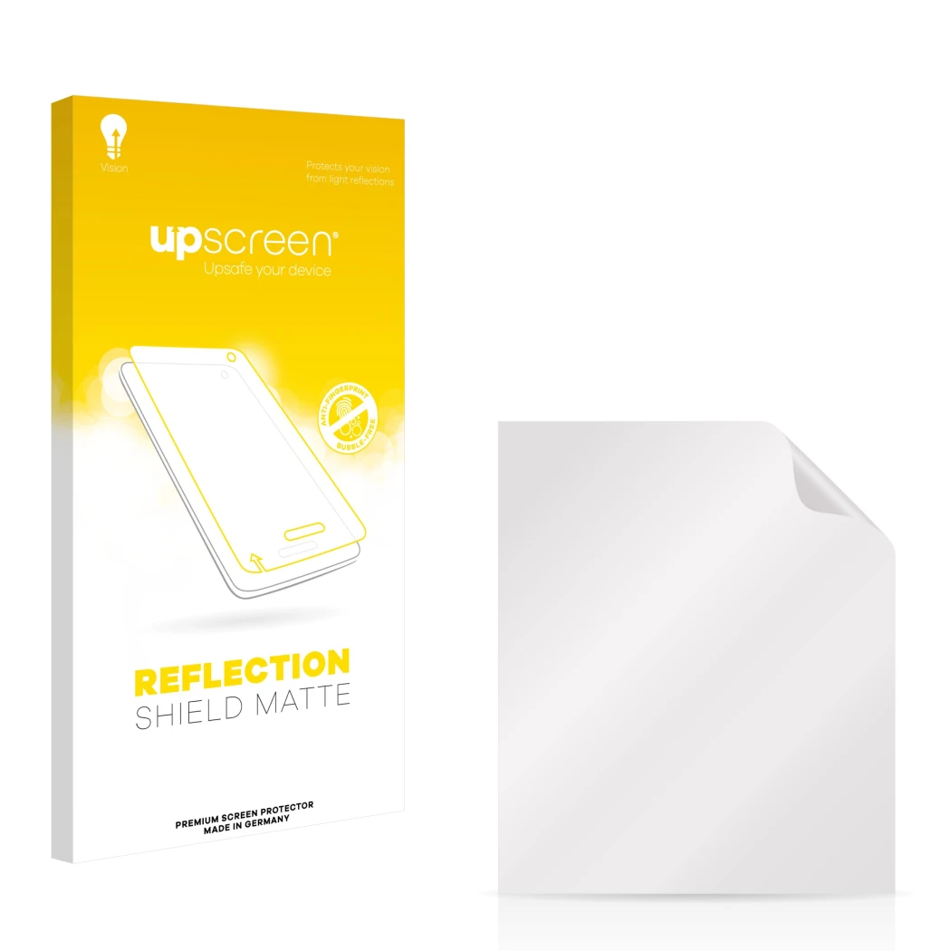 Face avant d’un emballage produit avec le logo de la marque upscreen. À côté se trouve la protection d’écran correspondante.