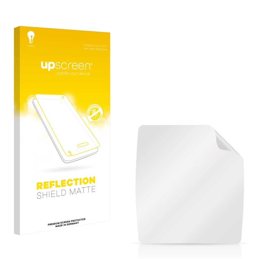 Face avant d’un emballage produit avec le logo de la marque upscreen. À côté se trouve la protection d’écran correspondante.