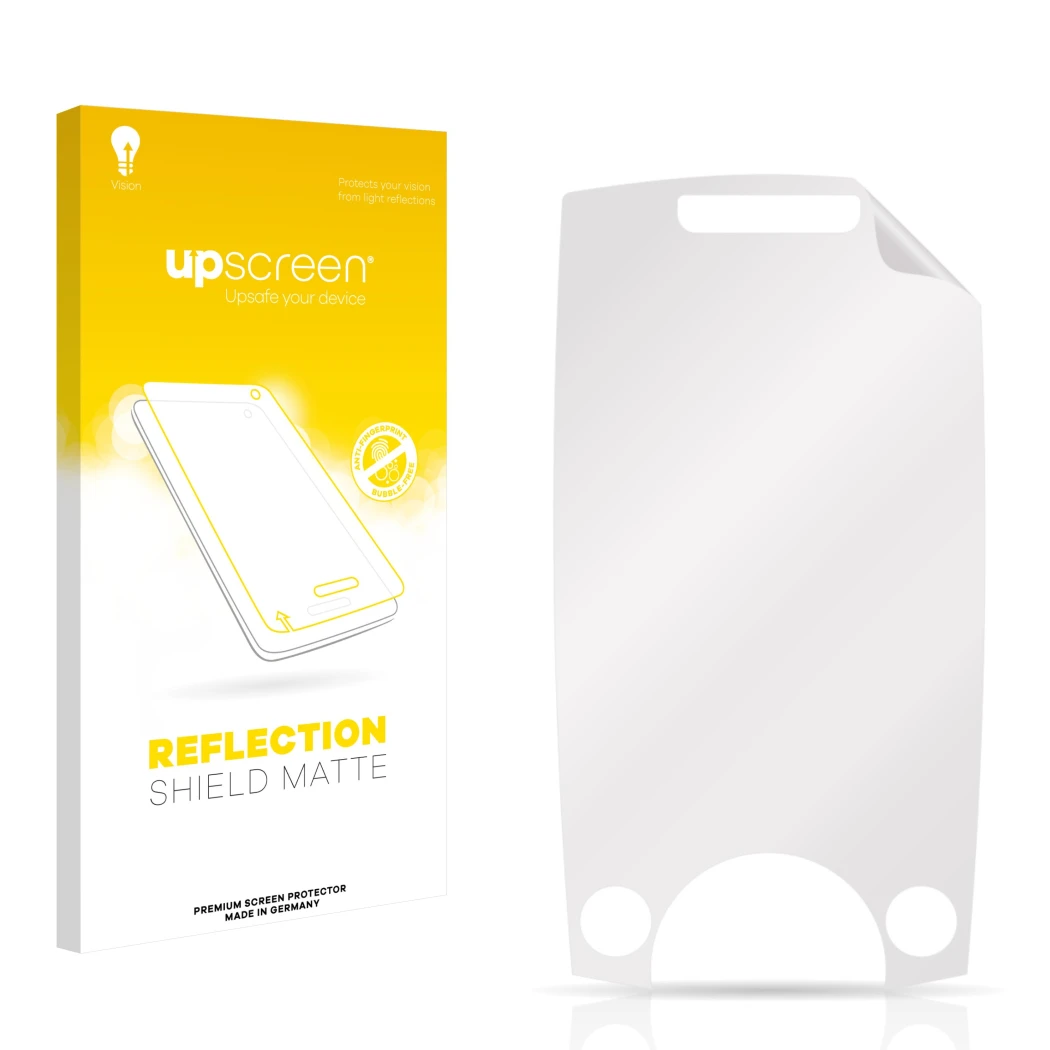 Face avant d’un emballage produit avec le logo de la marque upscreen. À côté se trouve la protection d’écran correspondante.