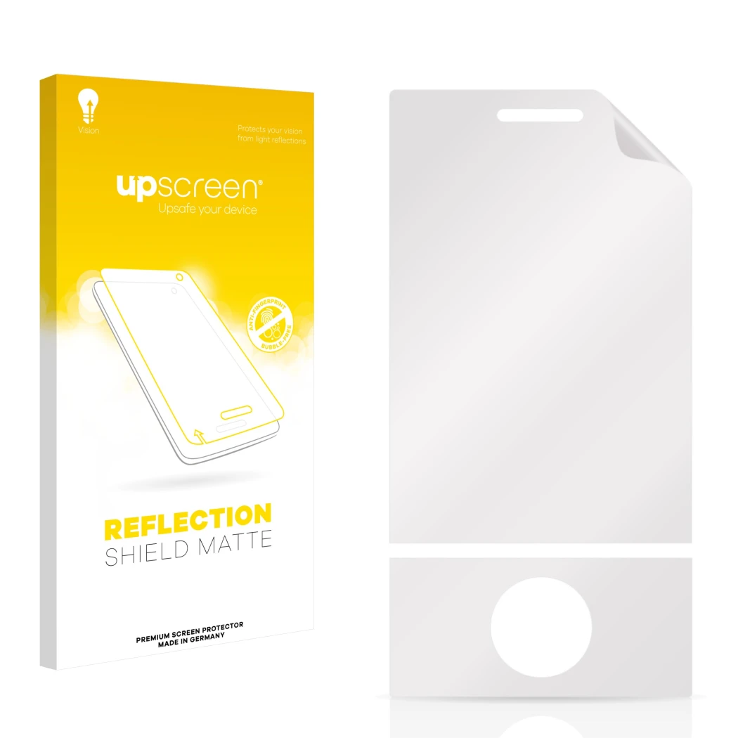 Face avant d’un emballage produit avec le logo de la marque upscreen. À côté se trouve la protection d’écran correspondante.