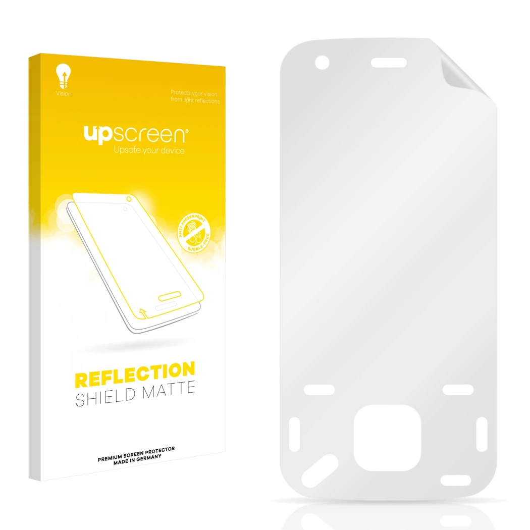 Face avant d’un emballage produit avec le logo de la marque upscreen. À côté se trouve la protection d’écran correspondante.