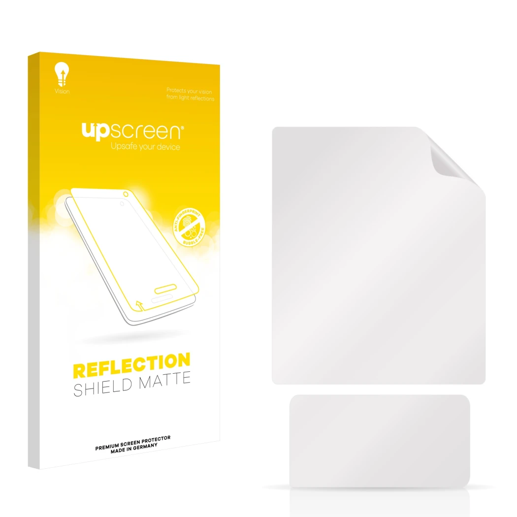 Face avant d’un emballage produit avec le logo de la marque upscreen. À côté se trouve la protection d’écran correspondante.