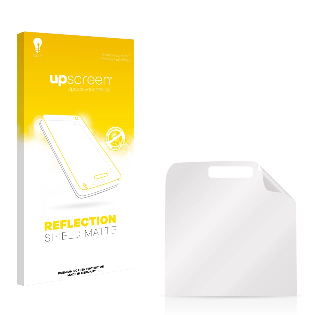 Face avant d’un emballage produit avec le logo de la marque upscreen. À côté se trouve la protection d’écran correspondante.