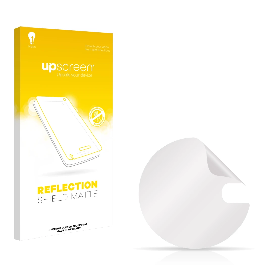 Face avant d’un emballage produit avec le logo de la marque upscreen. À côté se trouve la protection d’écran correspondante.