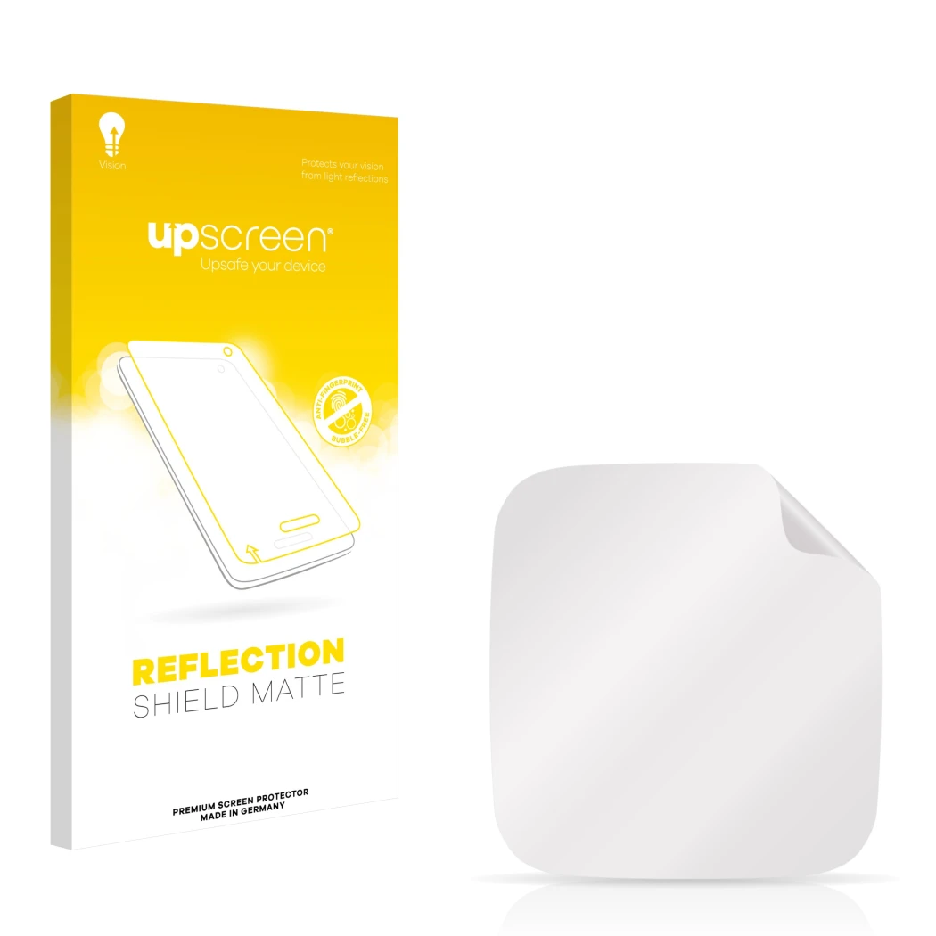 Face avant d’un emballage produit avec le logo de la marque upscreen. À côté se trouve la protection d’écran correspondante.