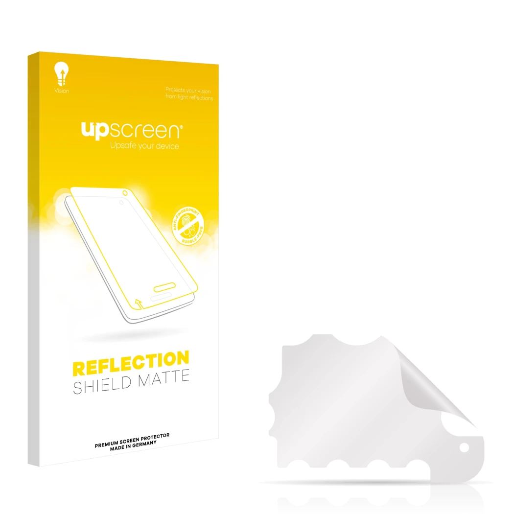 Face avant d’un emballage produit avec le logo de la marque upscreen. À côté se trouve la protection d’écran correspondante.