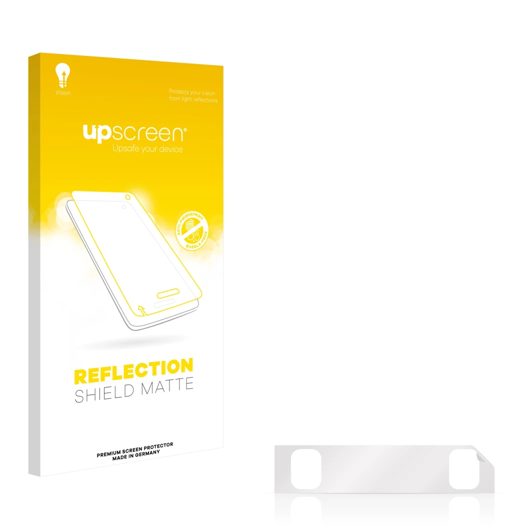 Face avant d’un emballage produit avec le logo de la marque upscreen. À côté se trouve la protection d’écran correspondante.