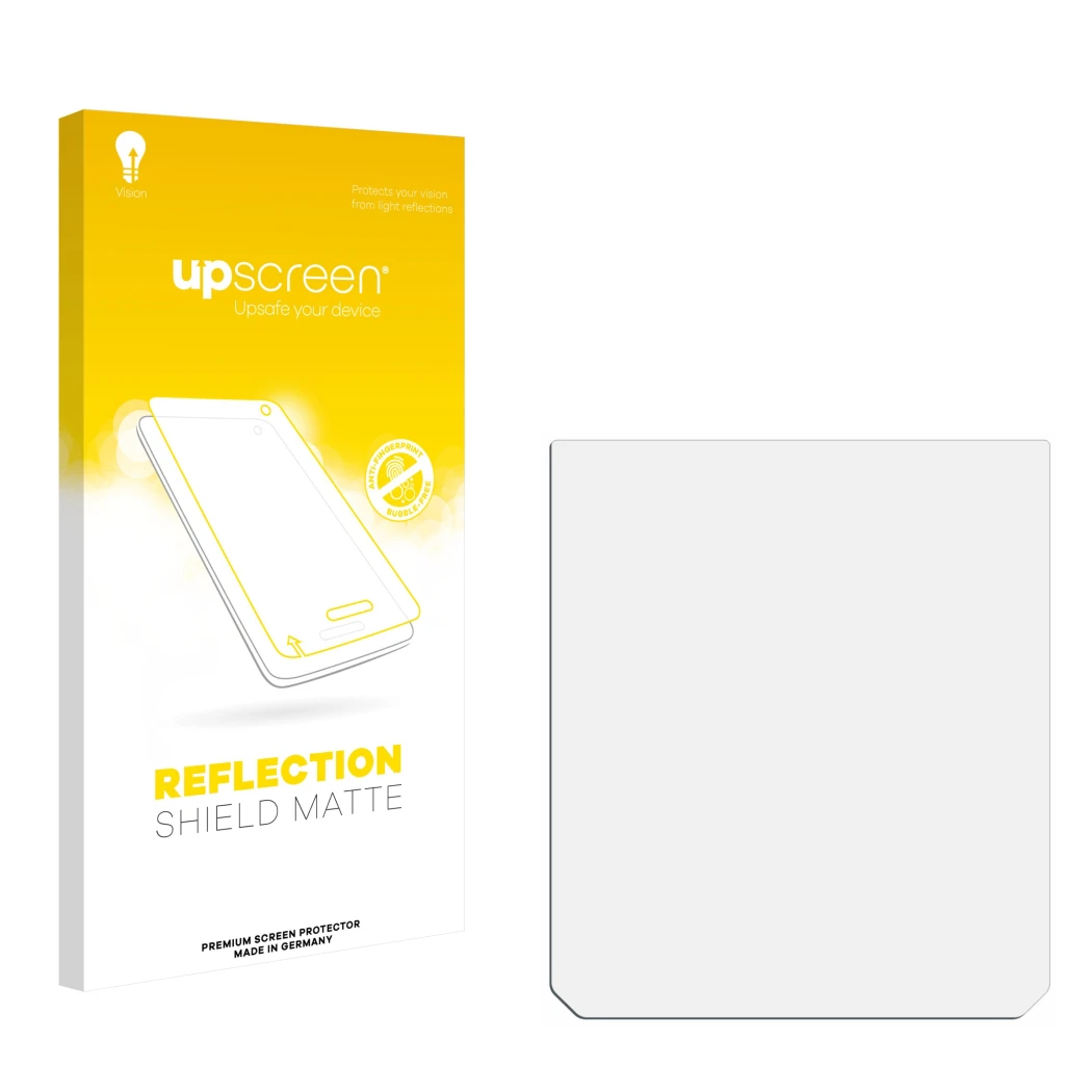 Face avant d’un emballage produit avec le logo de la marque upscreen. À côté se trouve la protection d’écran correspondante.