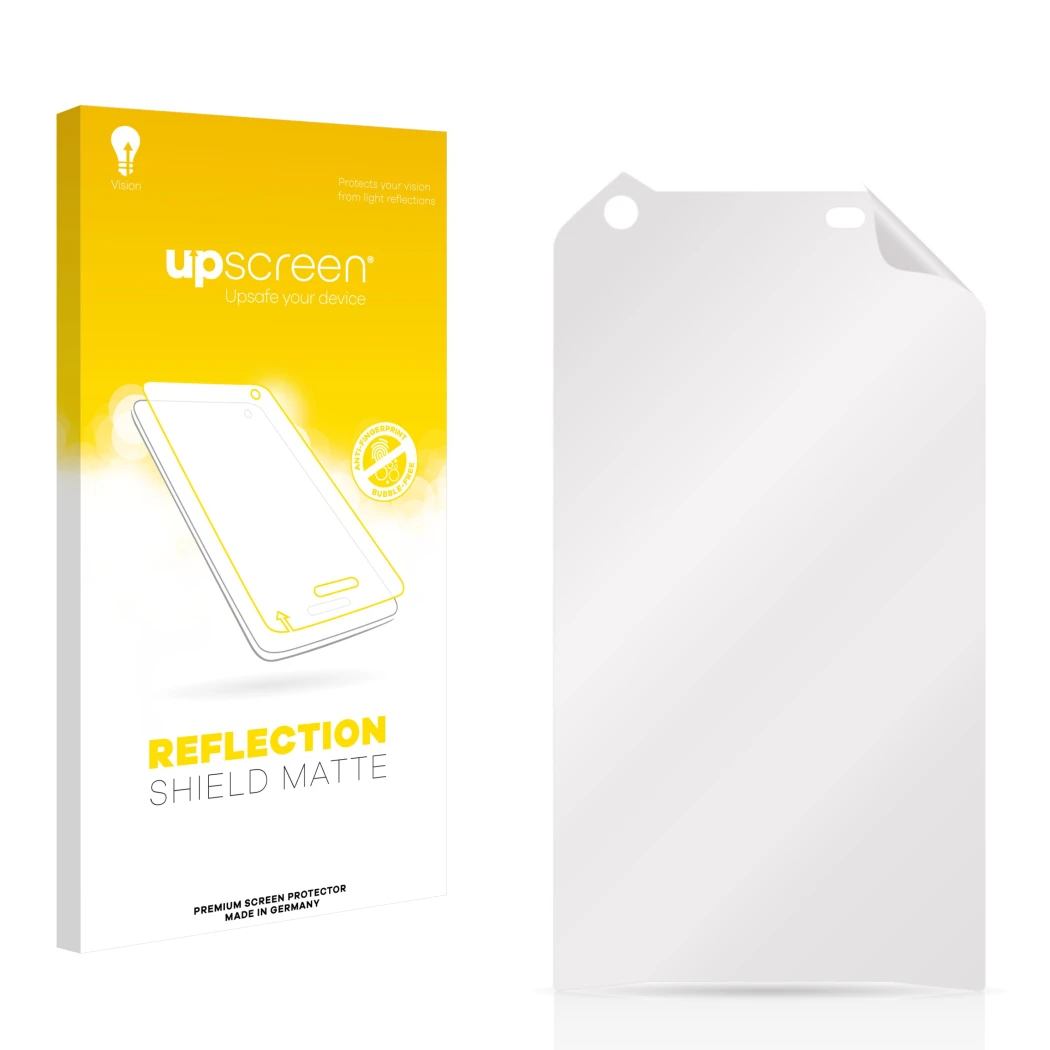 Face avant d’un emballage produit avec le logo de la marque upscreen. À côté se trouve la protection d’écran correspondante.