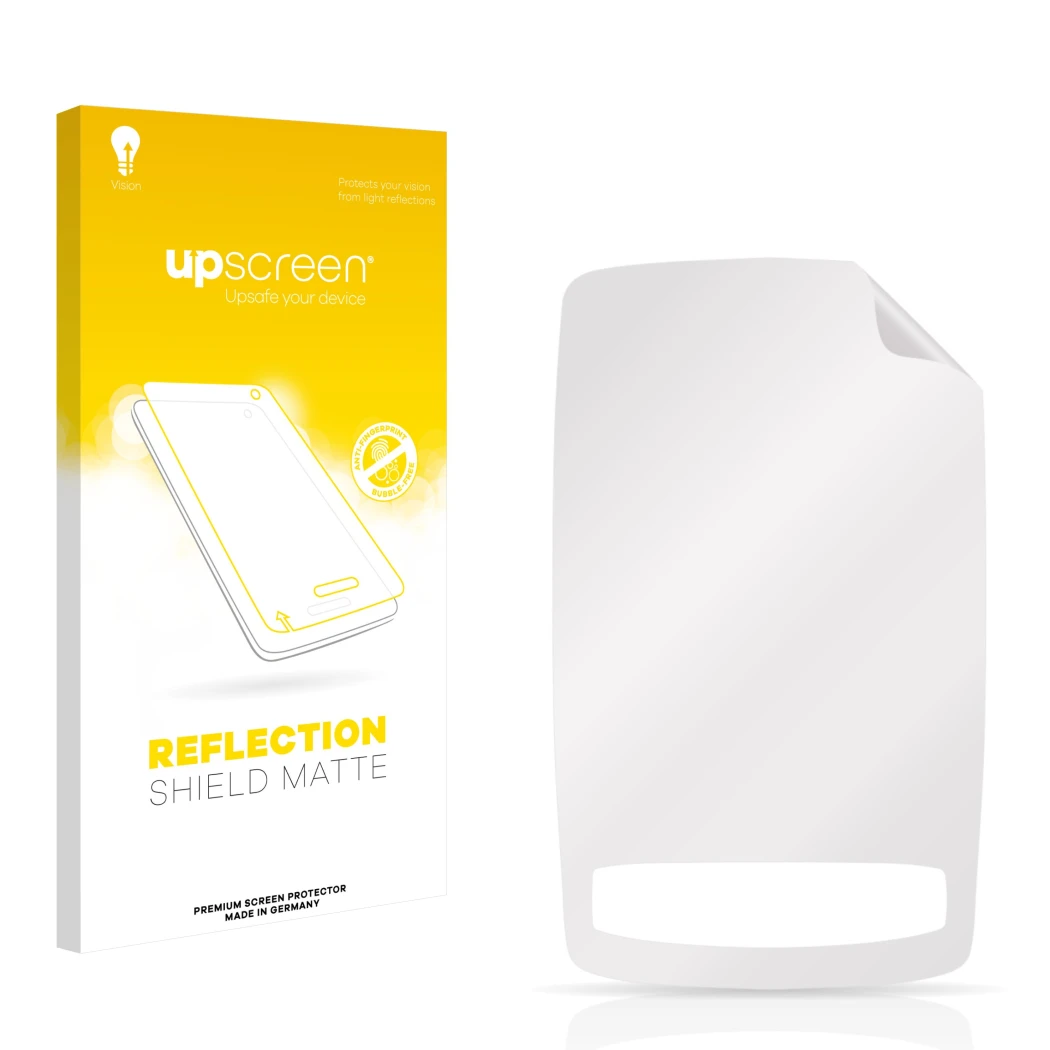 Face avant d’un emballage produit avec le logo de la marque upscreen. À côté se trouve la protection d’écran correspondante.