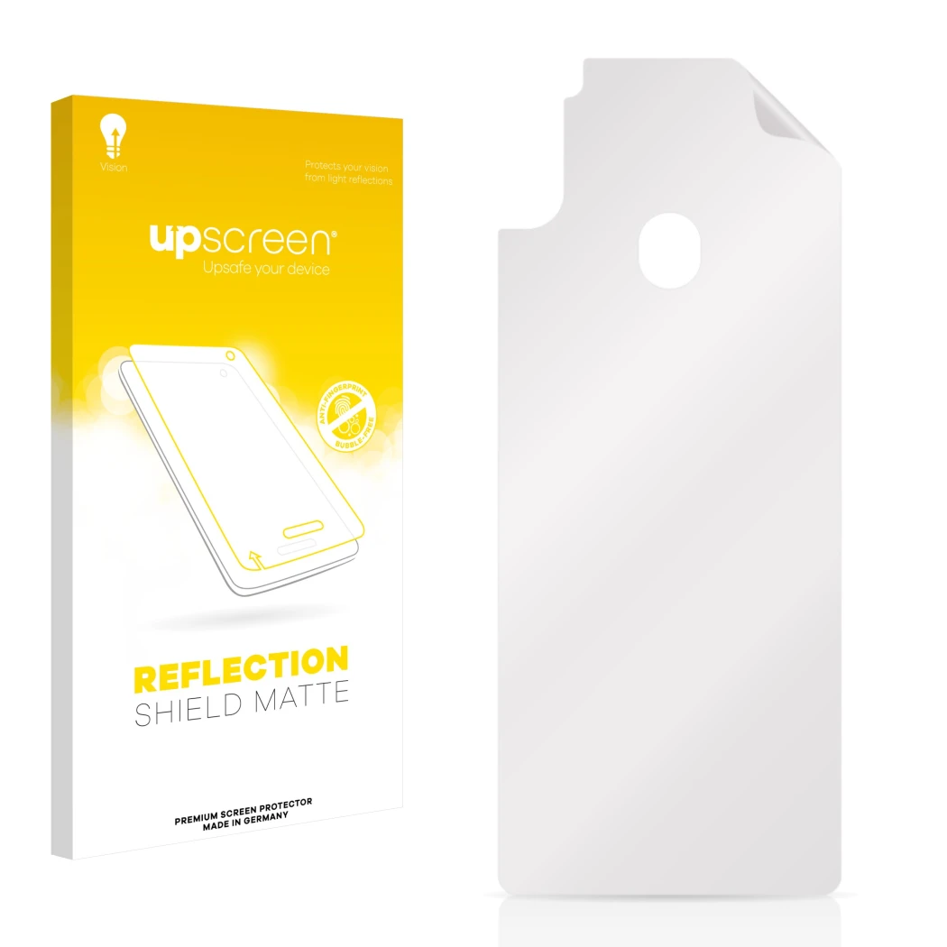Face avant d’un emballage produit avec le logo de la marque upscreen. À côté se trouve la protection d’écran correspondante.
