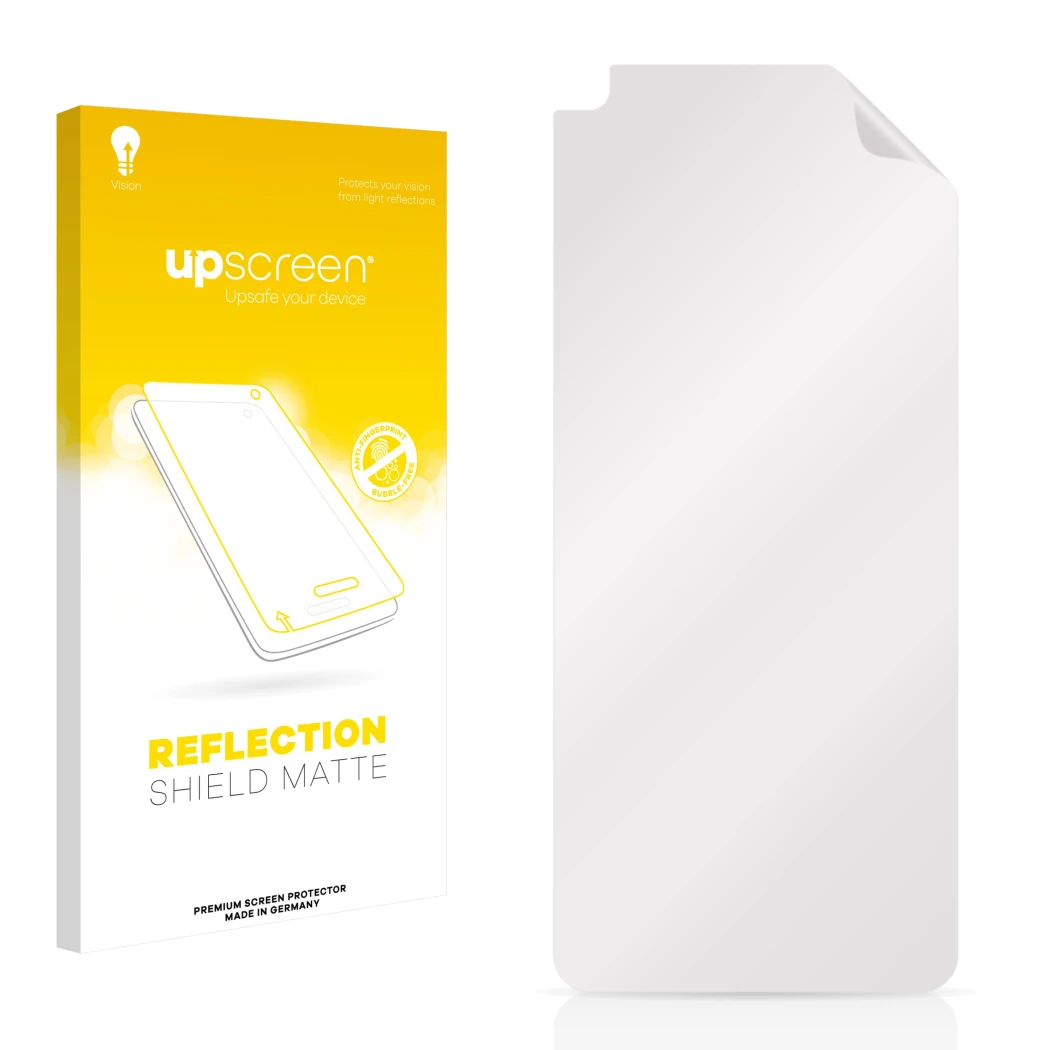 Face avant d’un emballage produit avec le logo de la marque upscreen. À côté se trouve la protection d’écran correspondante.