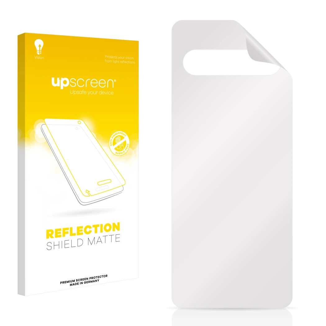 Face avant d’un emballage produit avec le logo de la marque upscreen. À côté se trouve la protection d’écran correspondante.