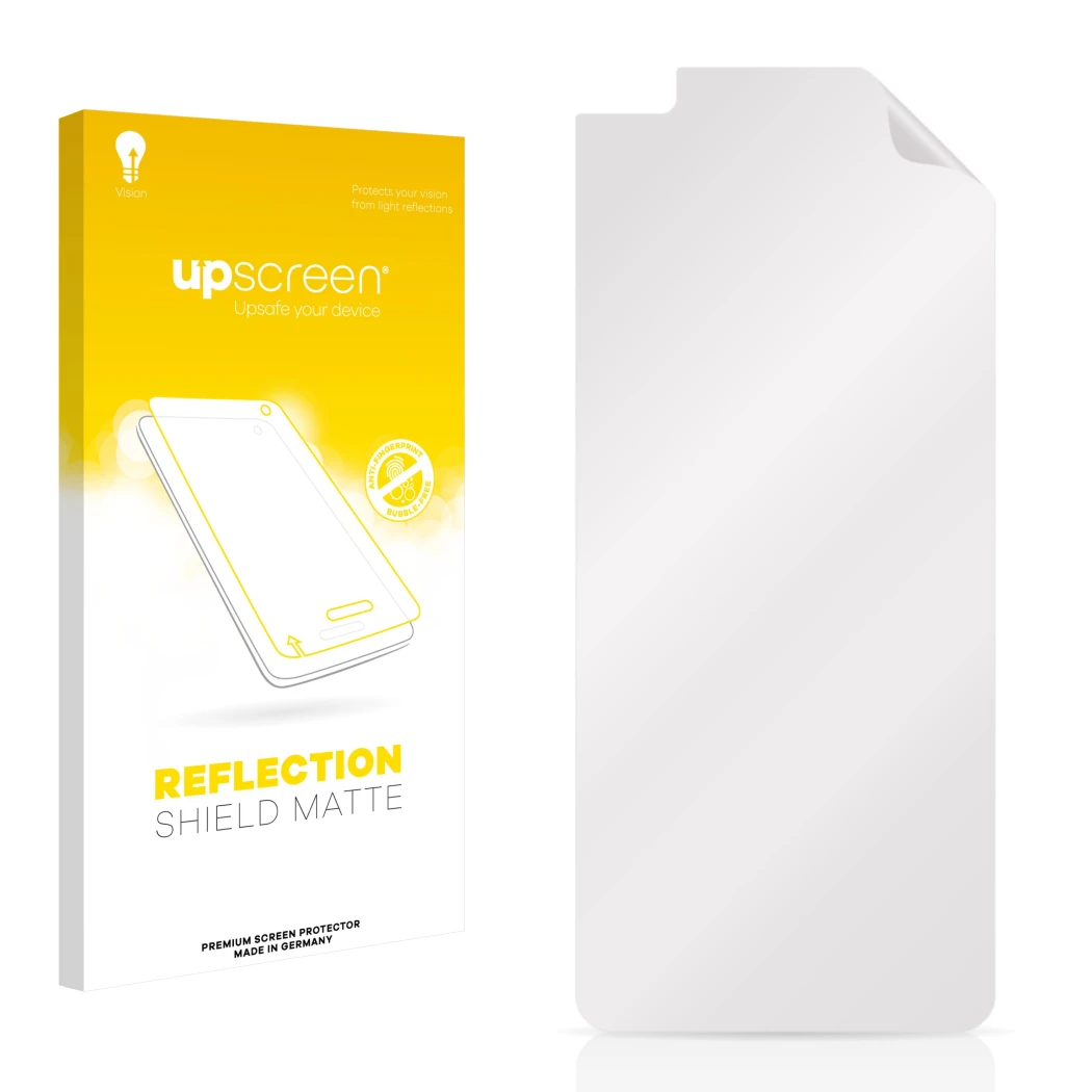 Face avant d’un emballage produit avec le logo de la marque upscreen. À côté se trouve la protection d’écran correspondante.