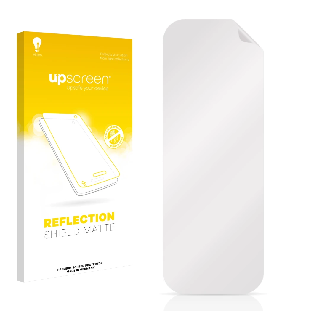 Face avant d’un emballage produit avec le logo de la marque upscreen. À côté se trouve la protection d’écran correspondante.