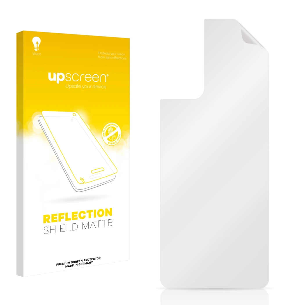 Face avant d’un emballage produit avec le logo de la marque upscreen. À côté se trouve la protection d’écran correspondante.