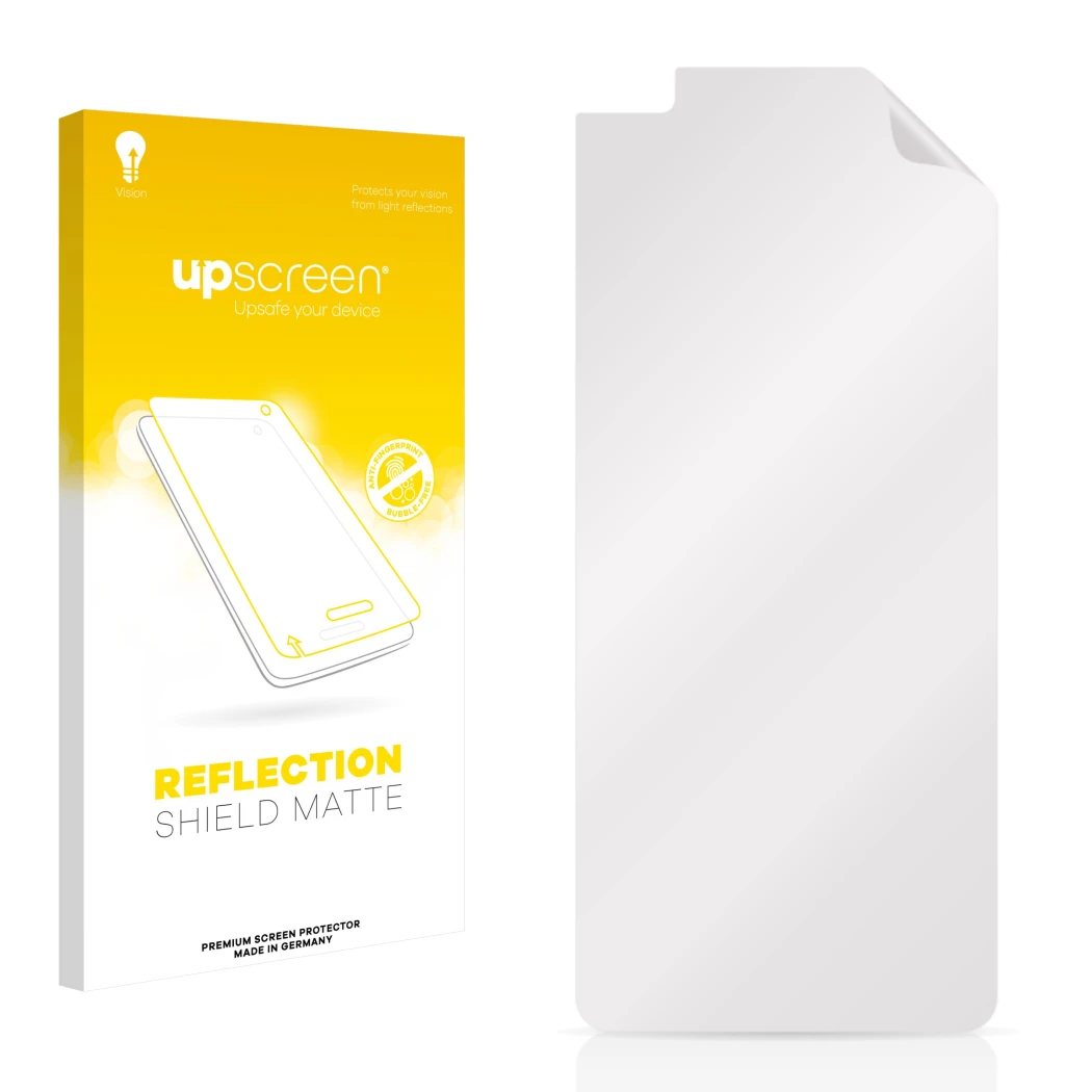 Face avant d’un emballage produit avec le logo de la marque upscreen. À côté se trouve la protection d’écran correspondante.