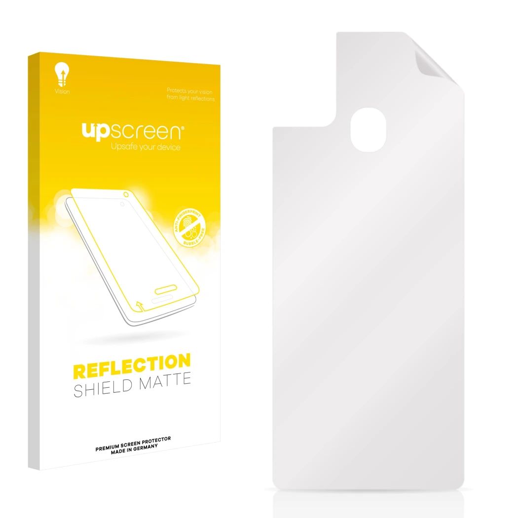 Face avant d’un emballage produit avec le logo de la marque upscreen. À côté se trouve la protection d’écran correspondante.