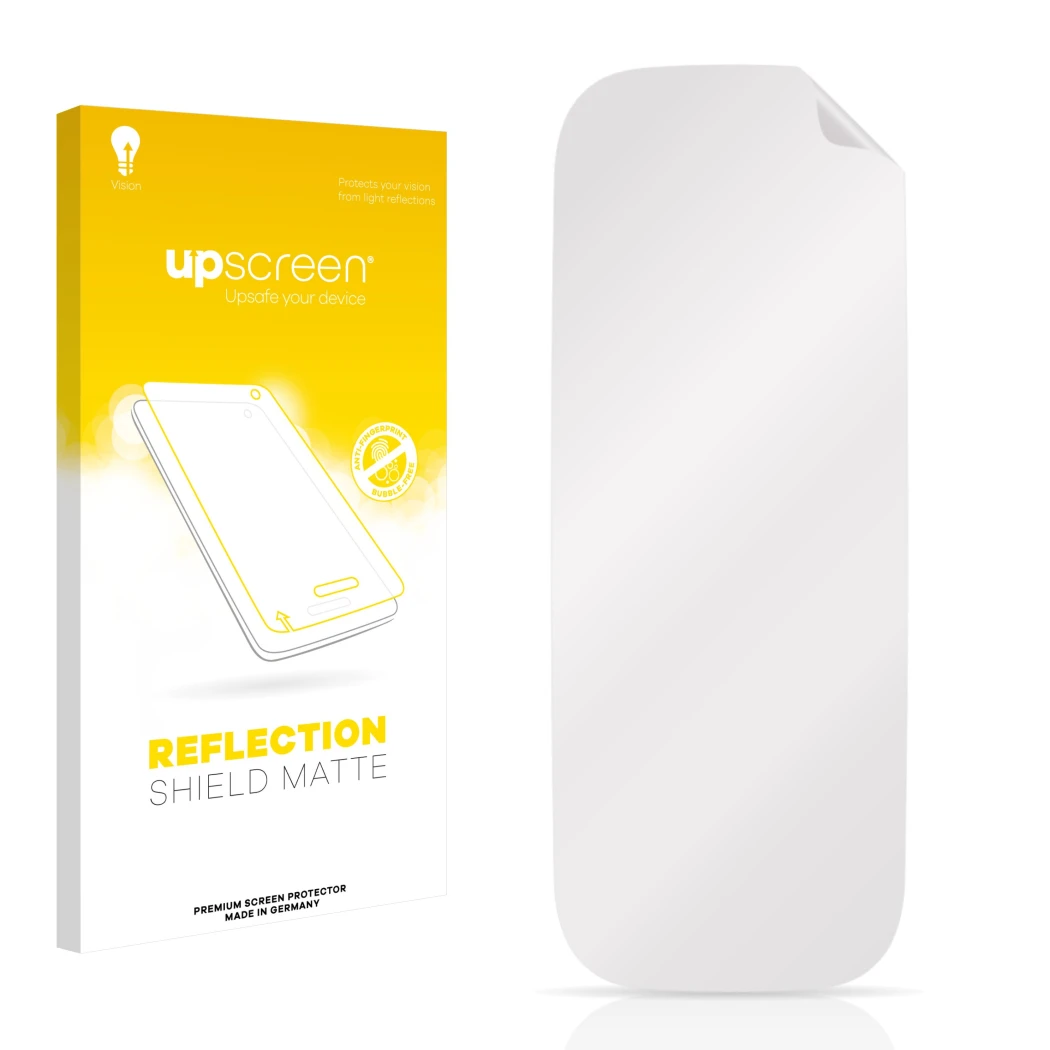 Face avant d’un emballage produit avec le logo de la marque upscreen. À côté se trouve la protection d’écran correspondante.