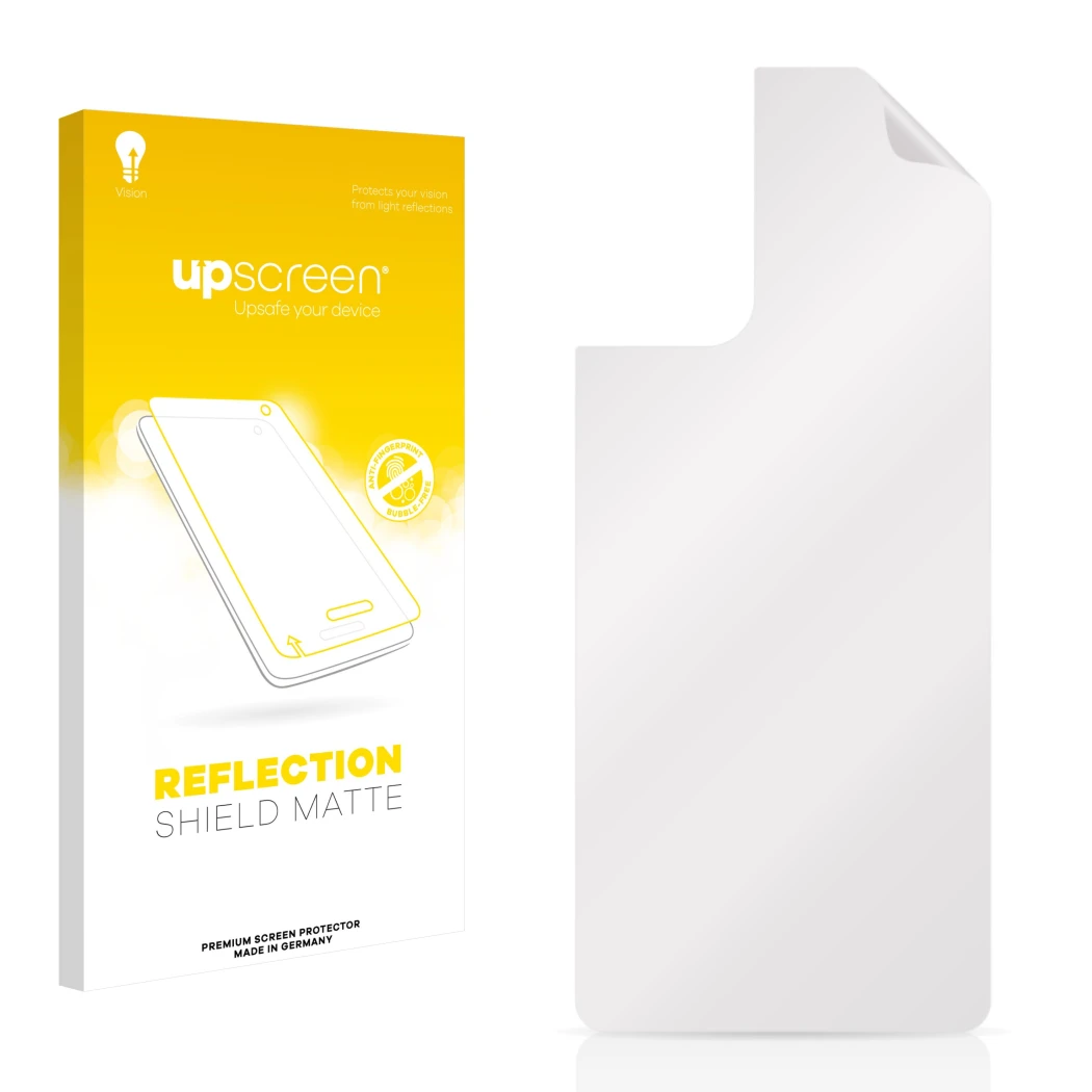 Face avant d’un emballage produit avec le logo de la marque upscreen. À côté se trouve la protection d’écran correspondante.