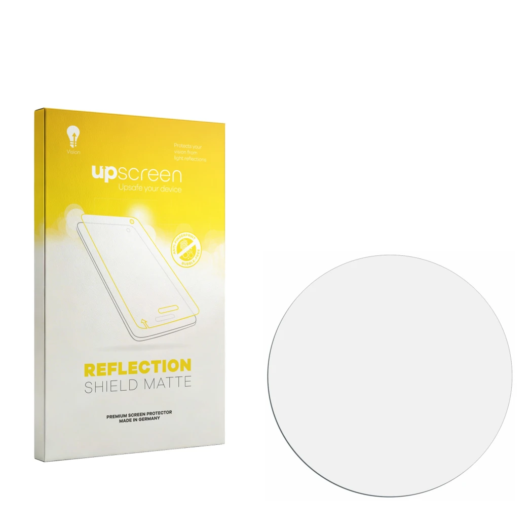 Face avant d’un emballage produit avec le logo de la marque upscreen. À côté se trouve la protection d’écran correspondante.