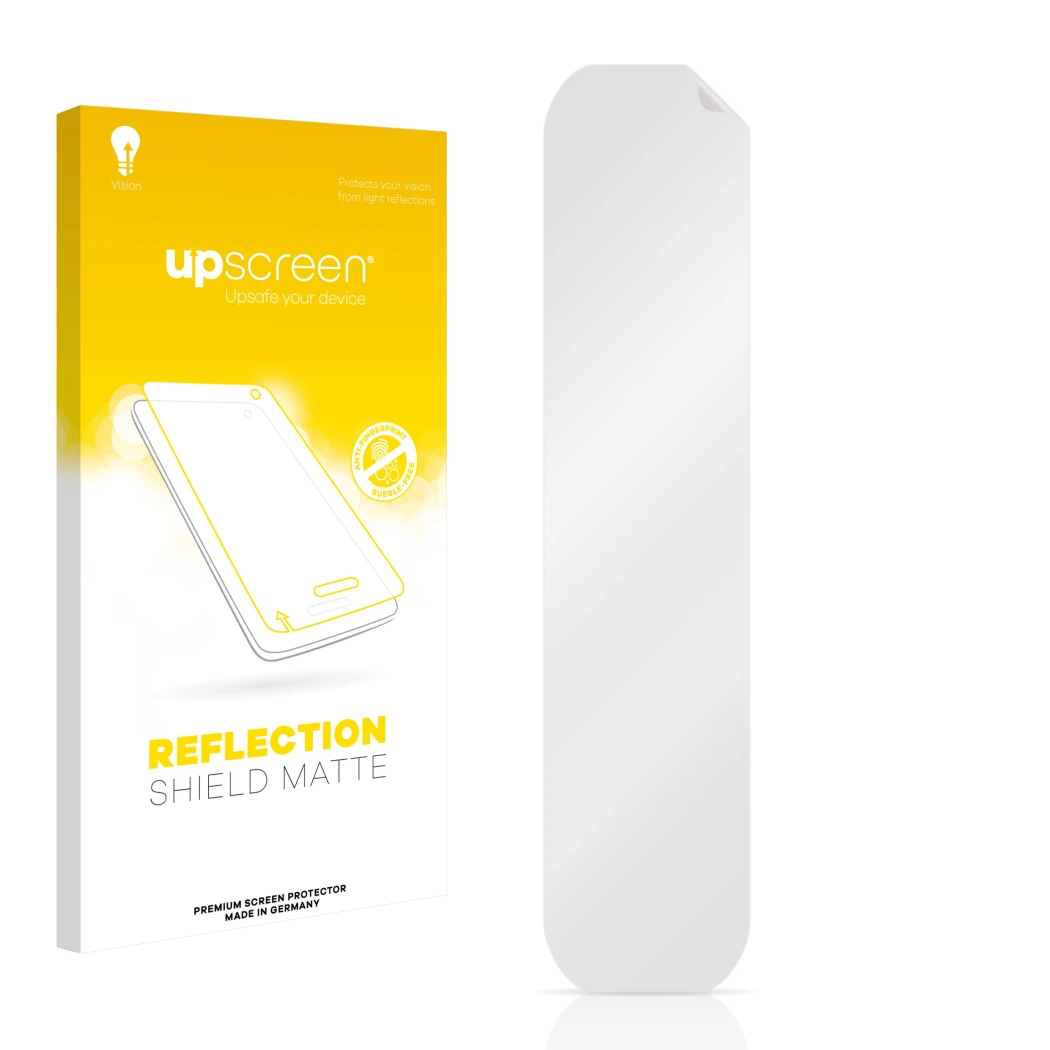 Face avant d’un emballage produit avec le logo de la marque upscreen. À côté se trouve la protection d’écran correspondante.