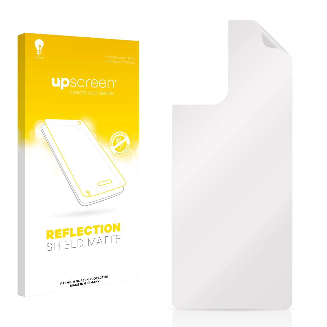 Face avant d’un emballage produit avec le logo de la marque upscreen. À côté se trouve la protection d’écran correspondante.