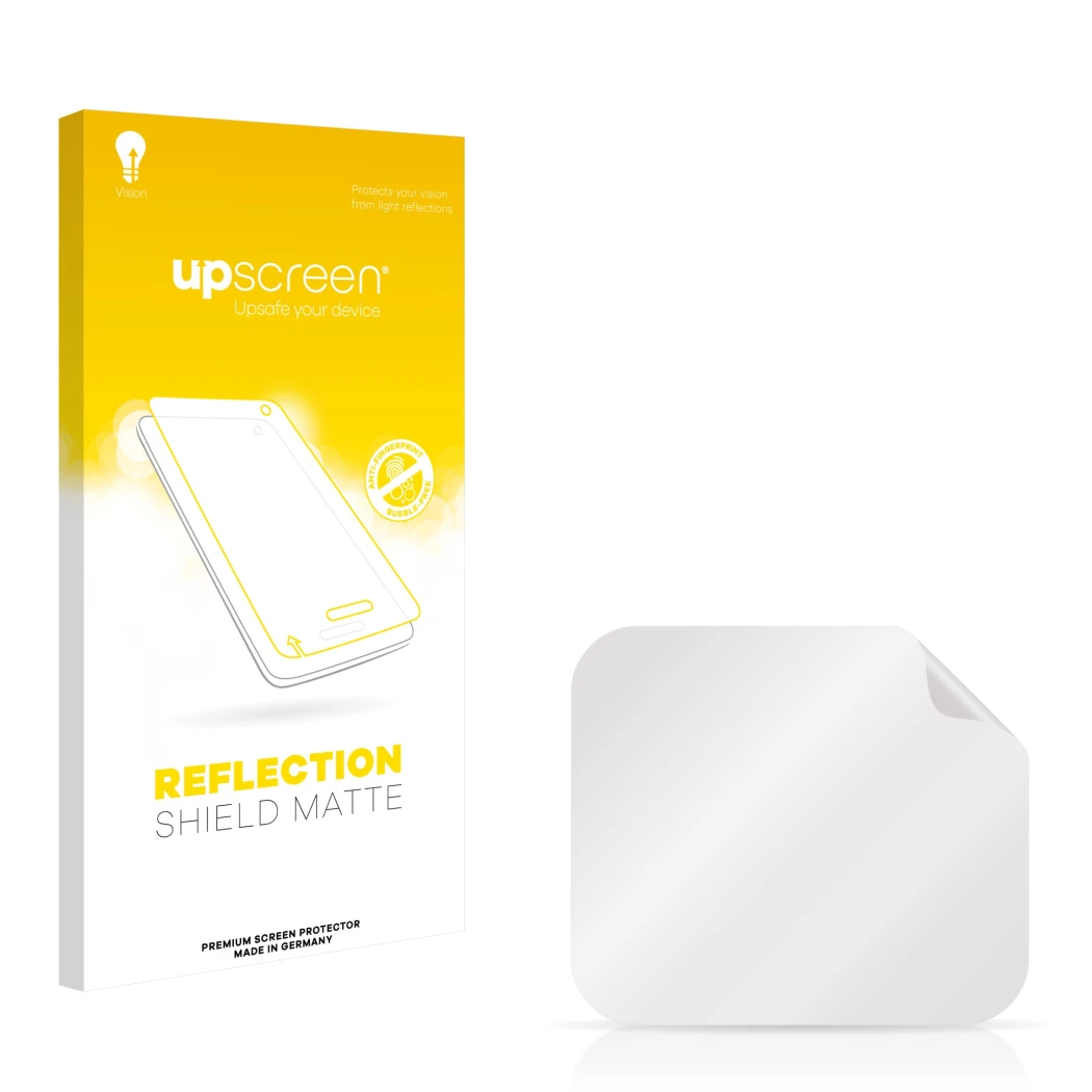 Face avant d’un emballage produit avec le logo de la marque upscreen. À côté se trouve la protection d’écran correspondante.