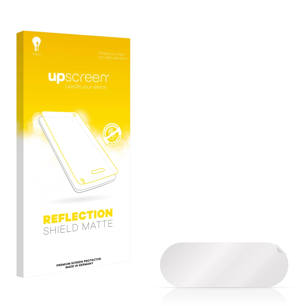 Face avant d’un emballage produit avec le logo de la marque upscreen. À côté se trouve la protection d’écran correspondante.