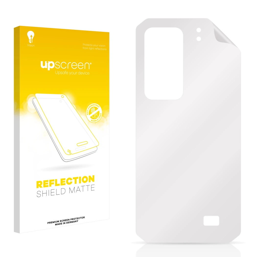 Face avant d’un emballage produit avec le logo de la marque upscreen. À côté se trouve la protection d’écran correspondante.