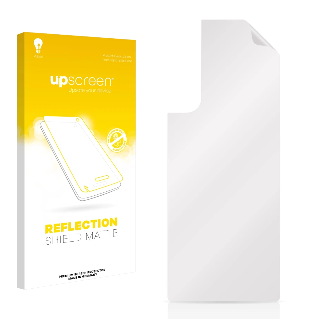 Face avant d’un emballage produit avec le logo de la marque upscreen. À côté se trouve la protection d’écran correspondante.