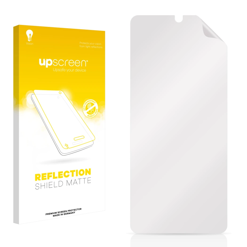 Face avant d’un emballage produit avec le logo de la marque upscreen. À côté se trouve la protection d’écran correspondante.